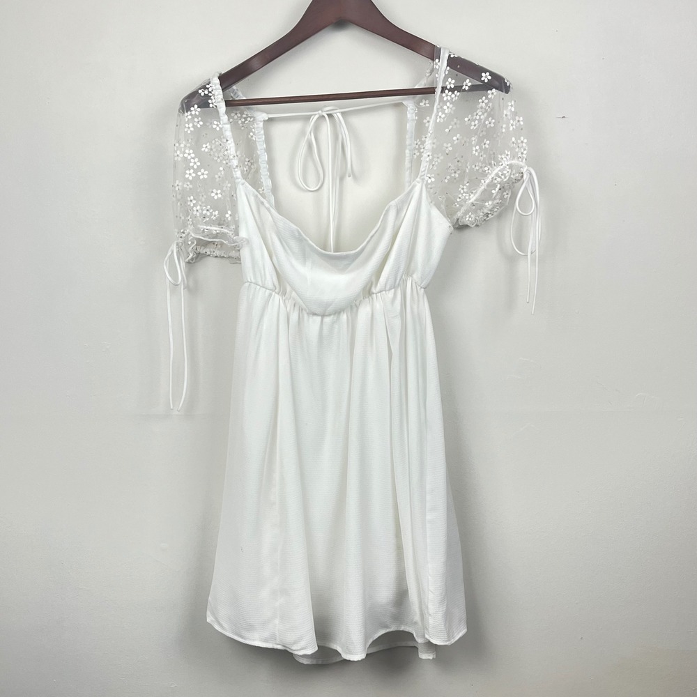 Lucy in the Sky White Daisy Mesh Sleeve Mini Dress XL Cottagecore Bridal Parties